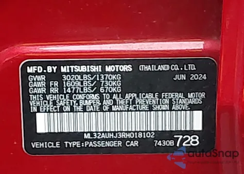 2024 Mitsubishi Mirage Es/Le из США, поврежденный, VIN ML32AUHJ3RH018102